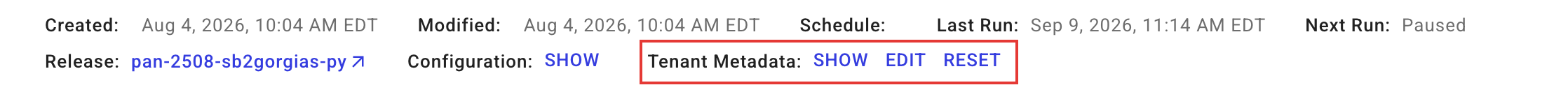 Tenant header showing the Tenant Metadata row with Show, Edit and Reset actions